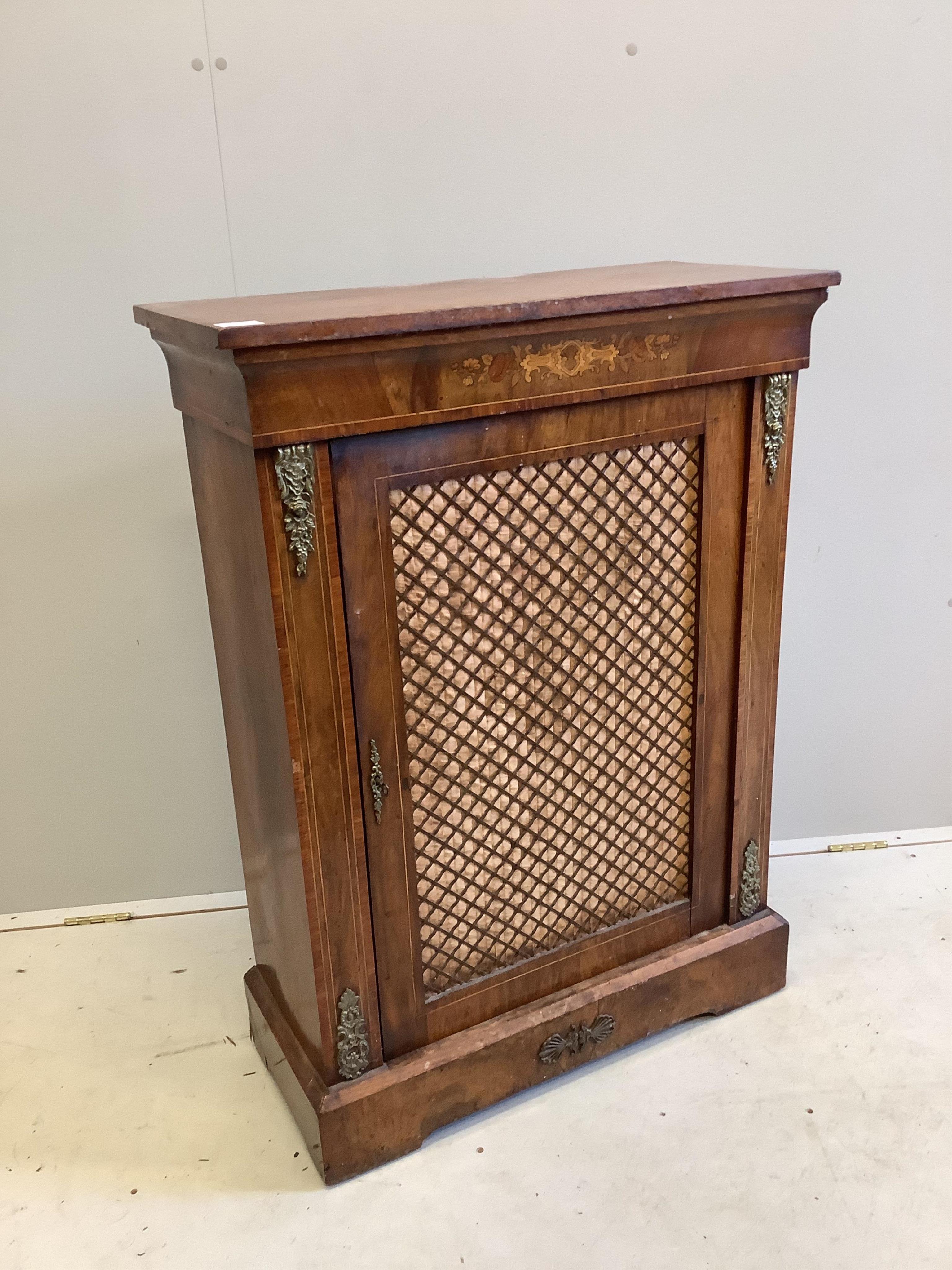 A Victorian marquetry inlaid gilt mounted walnut pier cabinet, width 76cm, depth 33cm, height 104cm. Condition - poor to fair